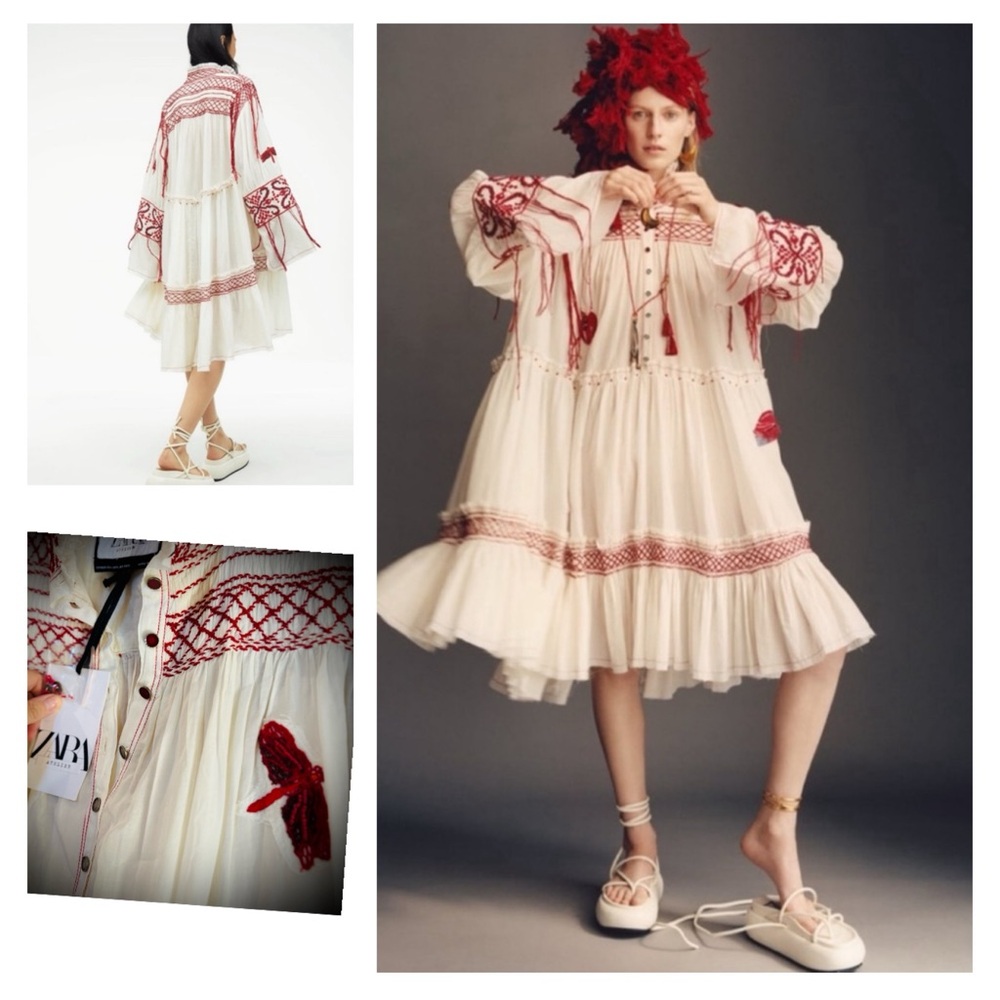 NWT $439 | Zara Atelier | Cream and Red Embroidered Dress XS-S